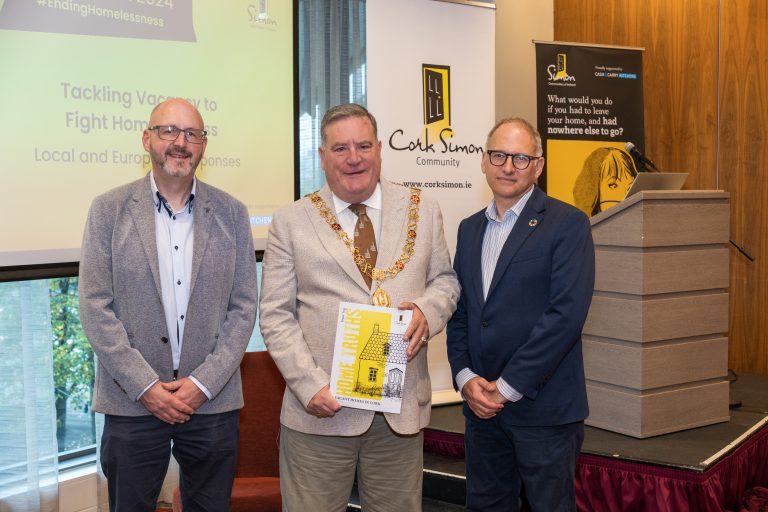 Alan Morris (Cash & Carry Kitchens),  Dan Boyle (Cork Lord Mayor), Wayne Stanley (Simon Community) at Cork Simon's launch of Simon Week at the Clayton Hotel 23/09/2024. Photographer: Owen Good